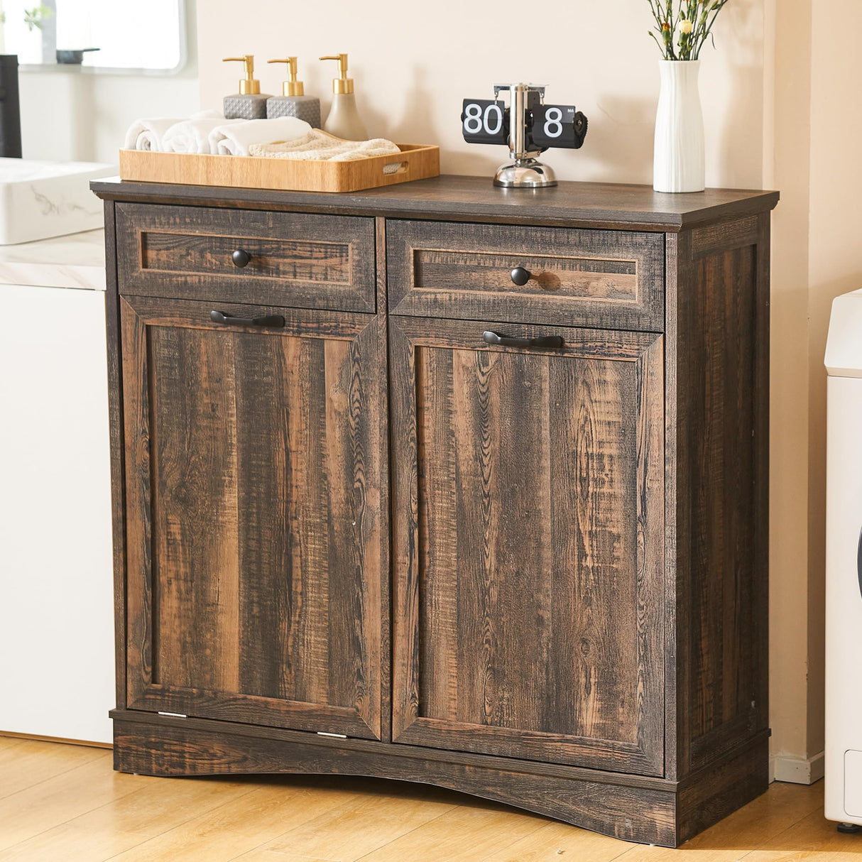 Spurgehom 13 Gallons Tilt Out Trash Cabinet Kitchen Waste Bins, Tilt Out Laundry Hamper Hidden Trash Cabinet Pet Proof Trash Can for Kitchen, Rustic Black Spurgehom