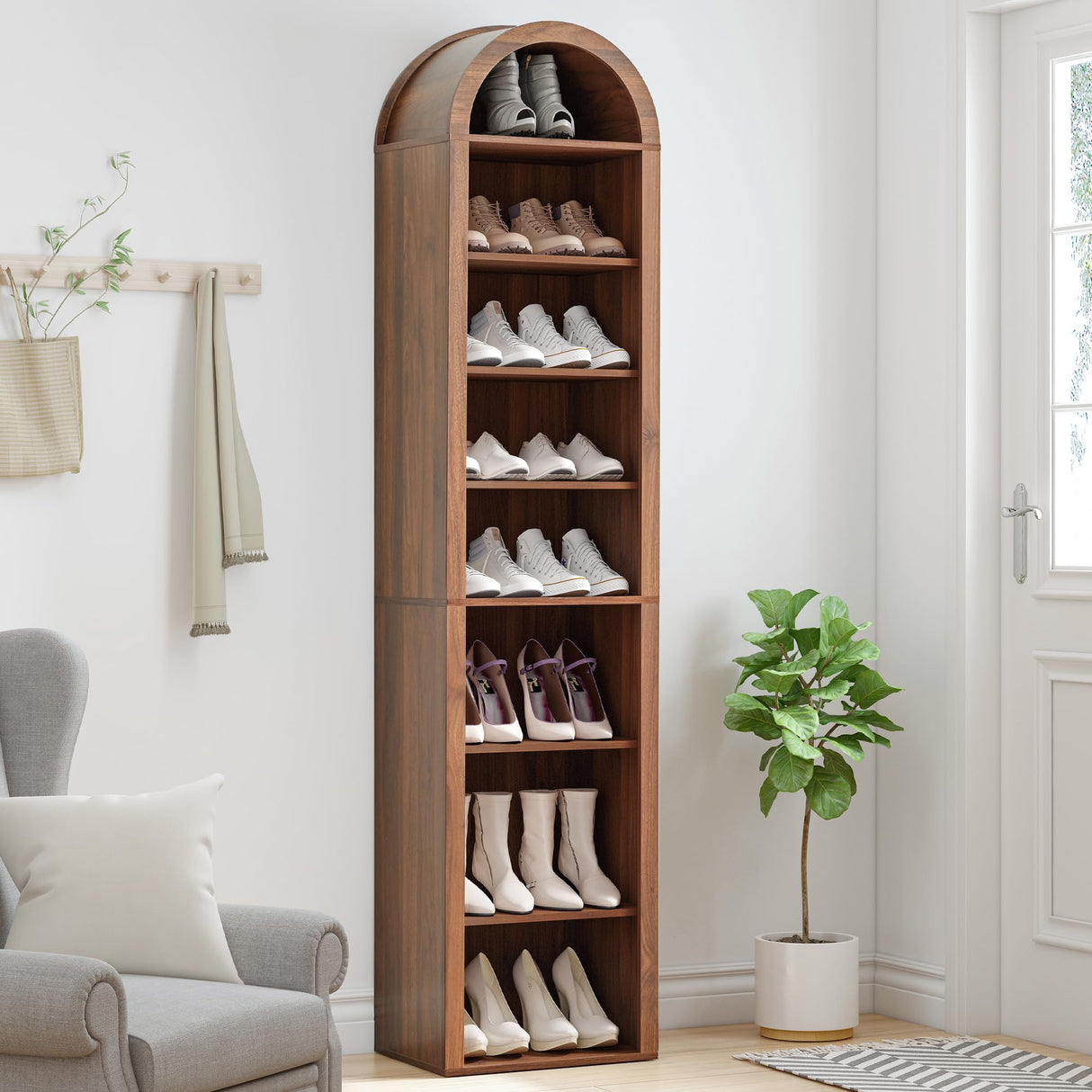 Tall Narrow Arched Bookshelf, 8-Tier Skinny Arch Bookcase for Small Space, Freestanding Storage Organizer with Adjustable Shelves, Open Display Shelves for Living Room, Entryway, Bathroom (Walnut) Turtle&Myrtle
