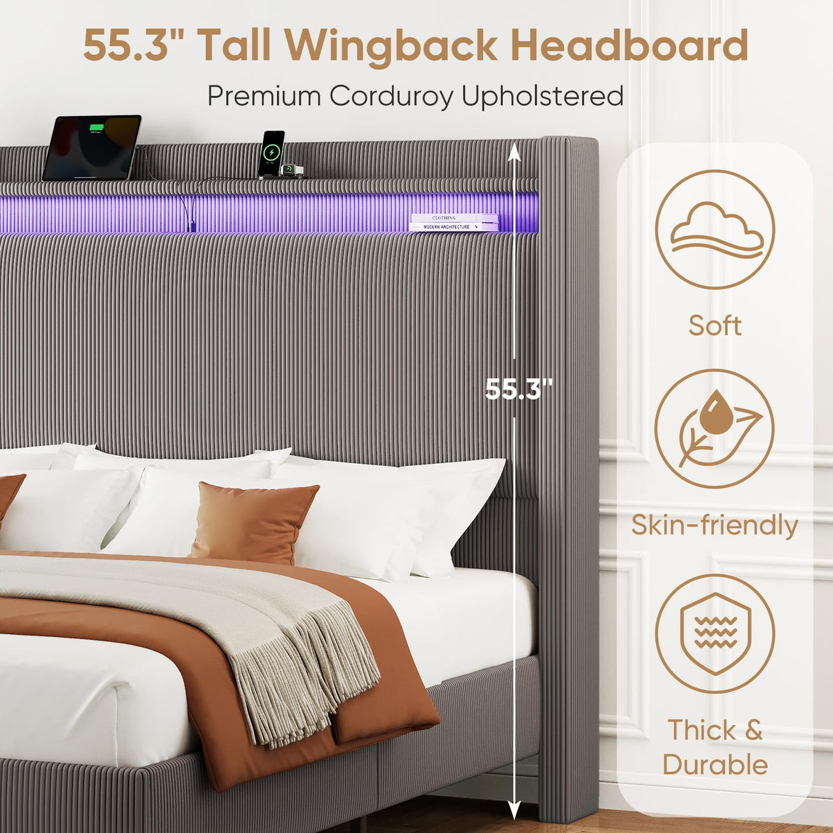 King Bed Frame with 55.3" Tall Headboard, Corduroy Upholstered Platform Bed with LED Lights & Charging Station, Wingback Storage Headboard, Solid Wood Slats,Noise Free,No Box Spring Needed,Gray Brown Welzona