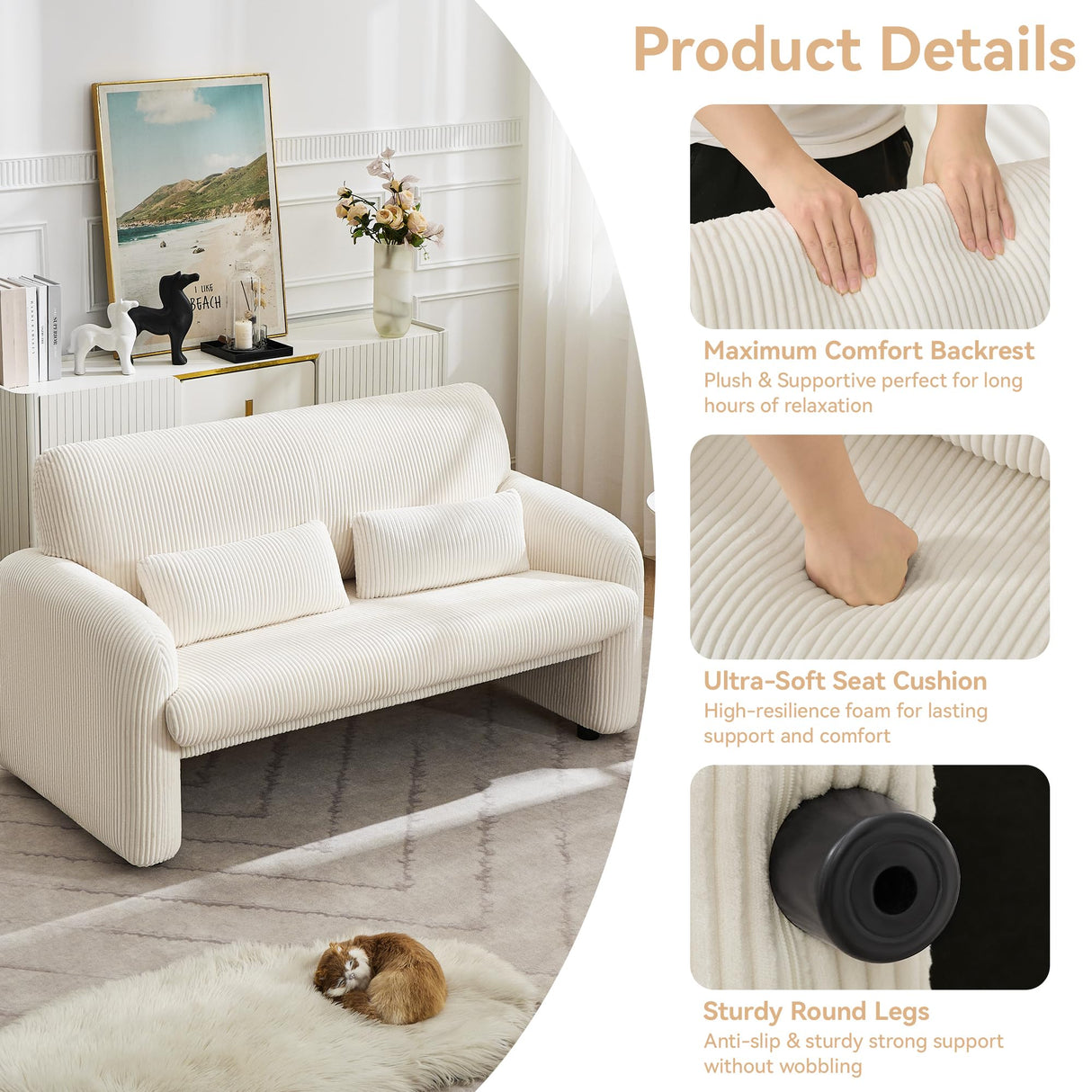 WUTUTUEE 56'' Corduroy Loveseat Sofa, 2 Seater Love Seat Couch for Small Space, Comfy Upholstered Modern Leisure Loveseat Couches with Lumbar Pillows for Bedroom, Office, Living Room, White WUTUTUEE