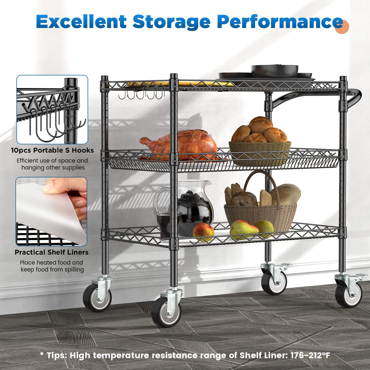 Leteuke 3 Tier Rolling Carts with Wheels,990Lbs Heavy Duty Rolling Utility Cart,NSF Commercial Grade Metal Cart with Handle&Shelf Liner,Trolley Serving Cart for Kitchen,Restaurant,Plant Display,Black Leteuke