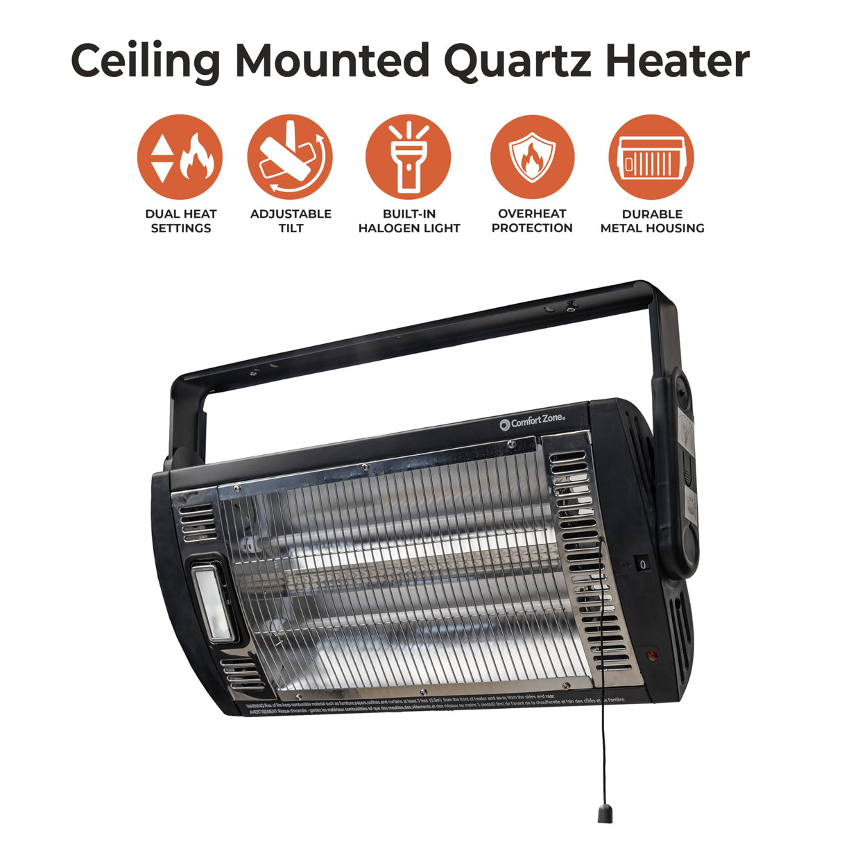Comfort Zone Ceiling Mounted Space Heater, 90 Degree Adjustable Tilt, Dual Quartz, Radiant, Electric, Safety Grille, Overheat Protection, Hardware Included, Ideal for Workshop, Garage, 1,500W, CZQTV5M Comfort Zone
