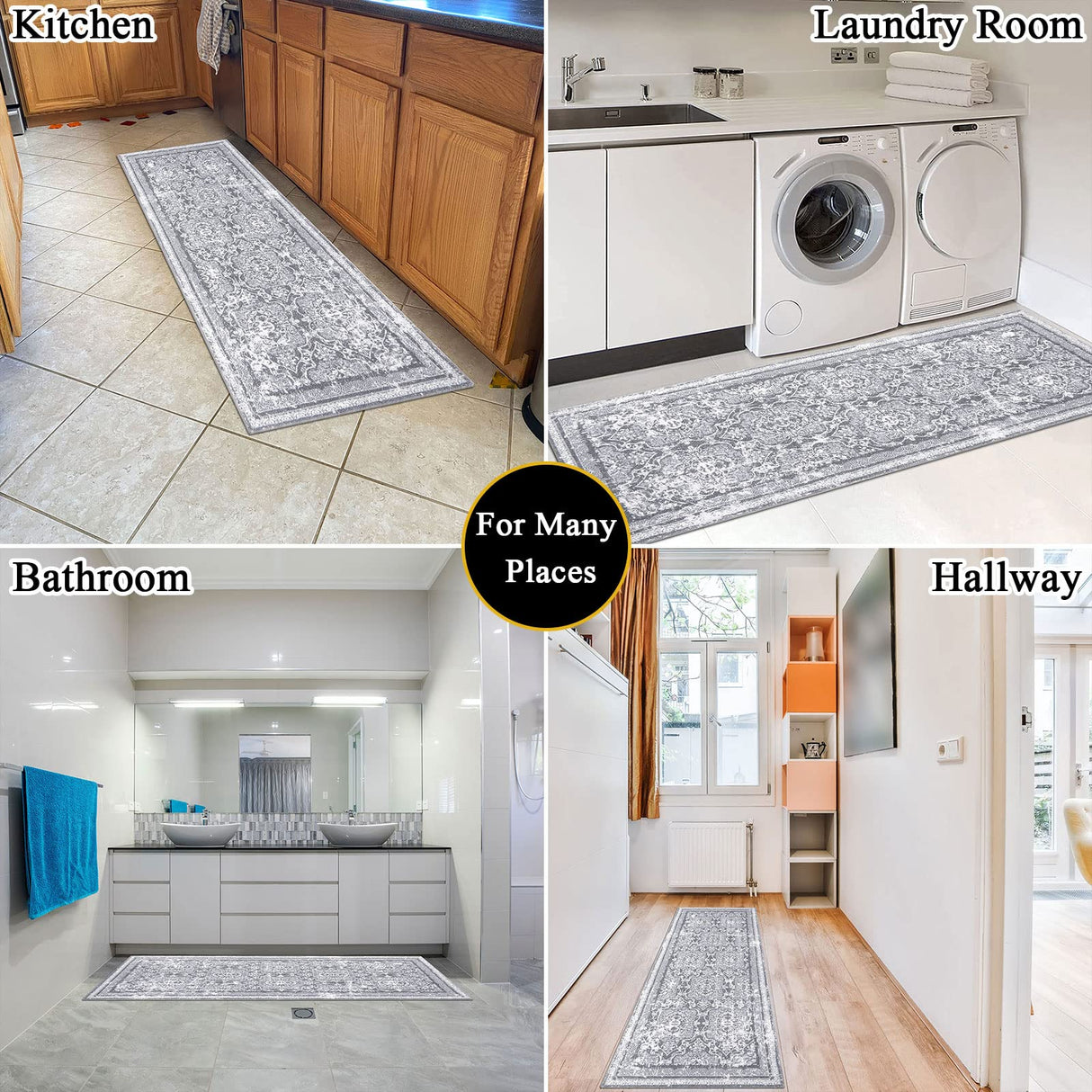 Vaukki Hallway Runner Rug, Vintage Shaggy Soft Laundry Rug Runner, Non Slip Entryway Mat, Washable Farmhouse Kitchen Area Carpet for Bathroom, and Bedroom (2' X 6', Grey) Vaukki