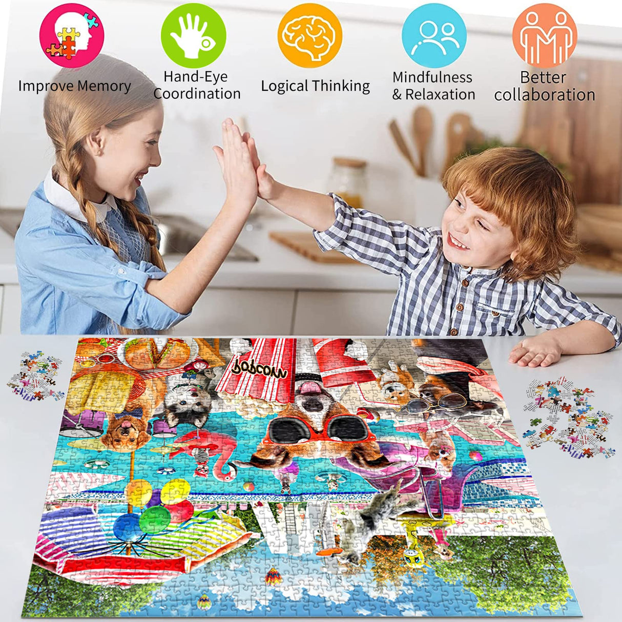 HUADADA Jigsaw Puzzles for Adults 1000 Pieces, Dogs Pool Party Interlock Perfectly No Dust, Home Decors Family Challenge Toys for Men Women Elders Seniors (27.5"x19.6"), 1:1 Poster HUADADA