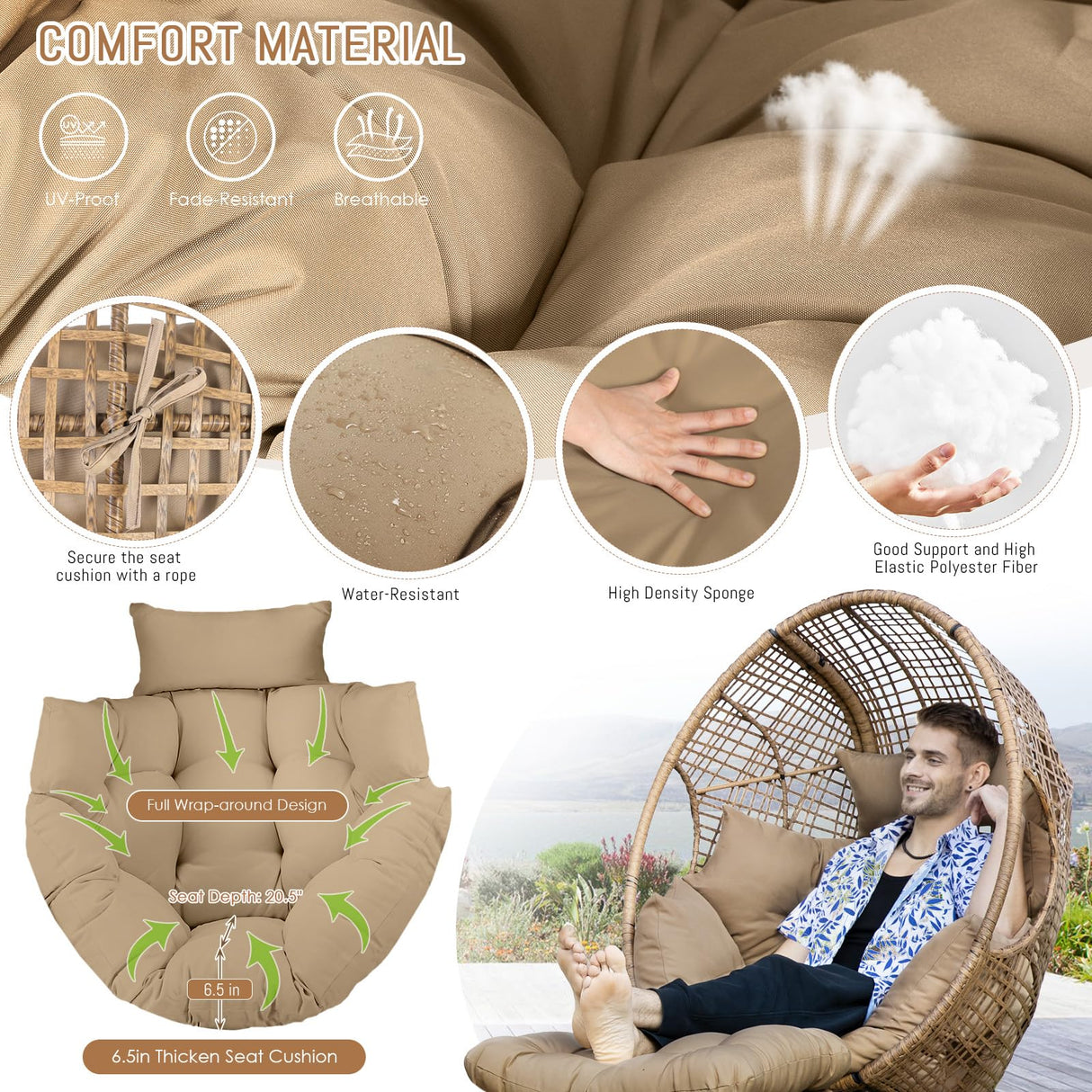 RADIATA Egg Chair with Footrest, Wicker Patio Lounger with Ottoman, Oversized Rattan Egg Shaped Chair with Leg for Indoor Outdoor Patio Balcony Garden (Nature) RADIATA