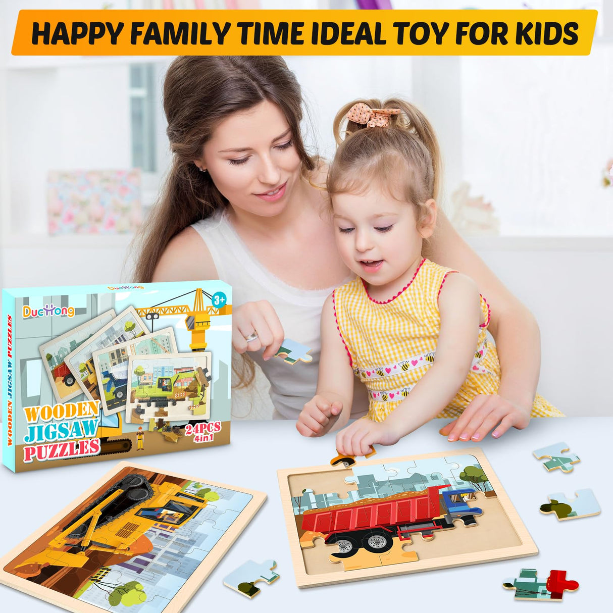 Wooden Puzzles for Kids Ages 4-6, 4 Packs 24 PCS Construction Vehicle Jigsaw Puzzles for Kids Ages 3-5, Preschool Educational Puzzles Boards Toys Gifts for Boys Girls Duchong