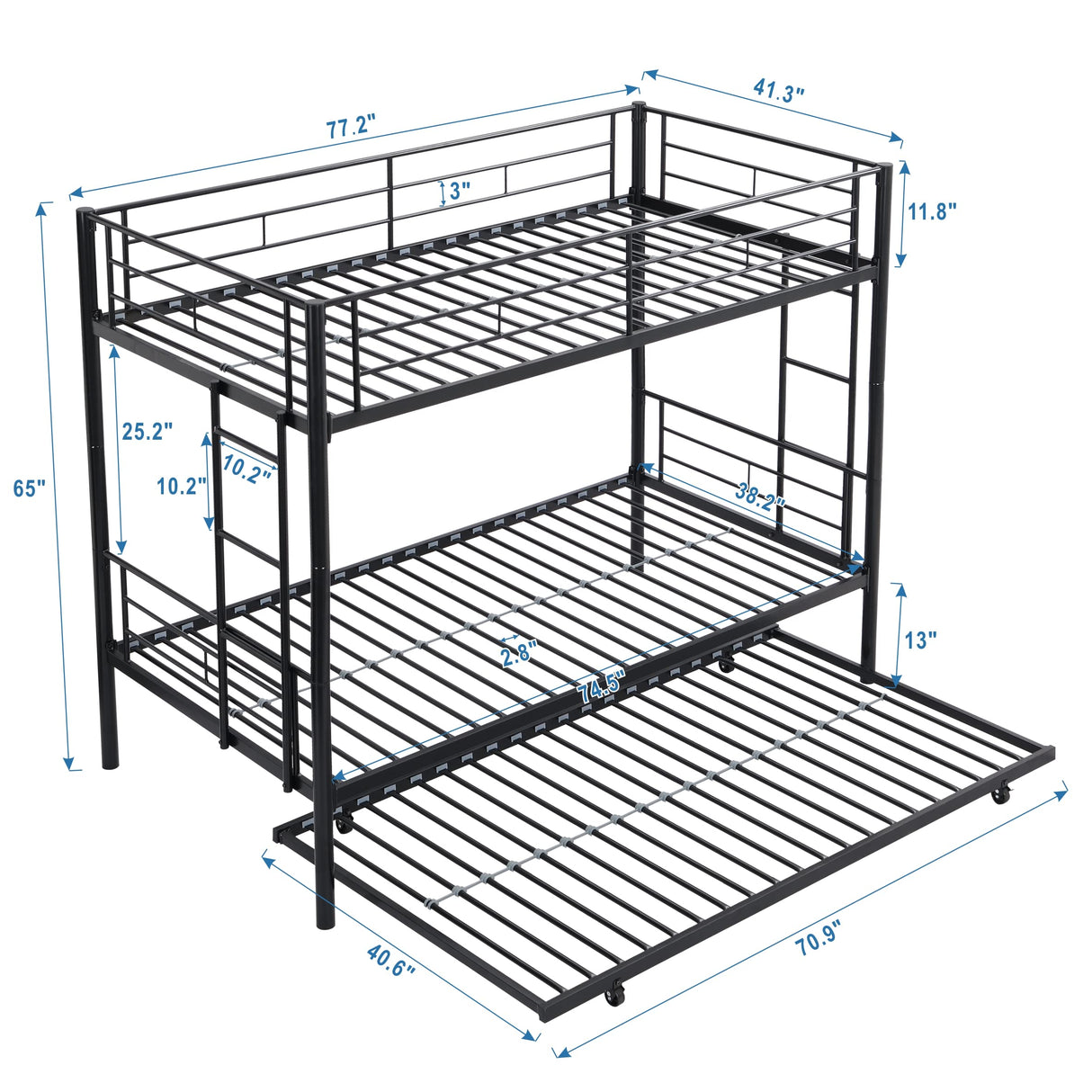 AEMSOFK Twin Over Twin Metal Bunk Bed with Trundle,Can be Divided Into Two Bed with Ladder & Guard Rail for Adults,No Box Spring Needed, Noise Free (White) AEMSOFK