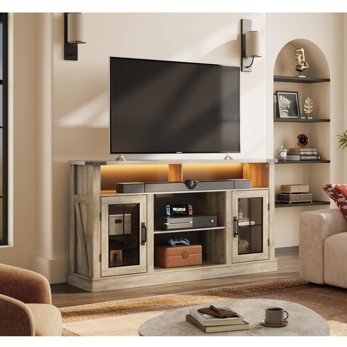 WLIVE Farmhouse TV Stand for 65 Inch TV, Tall Entertainment Center with LED Lights, Mid Century Modern TV Console wirh Open Shelves and Glass Cabinet Doors for Living Room and Bedroom, Gray Oak WLIVE