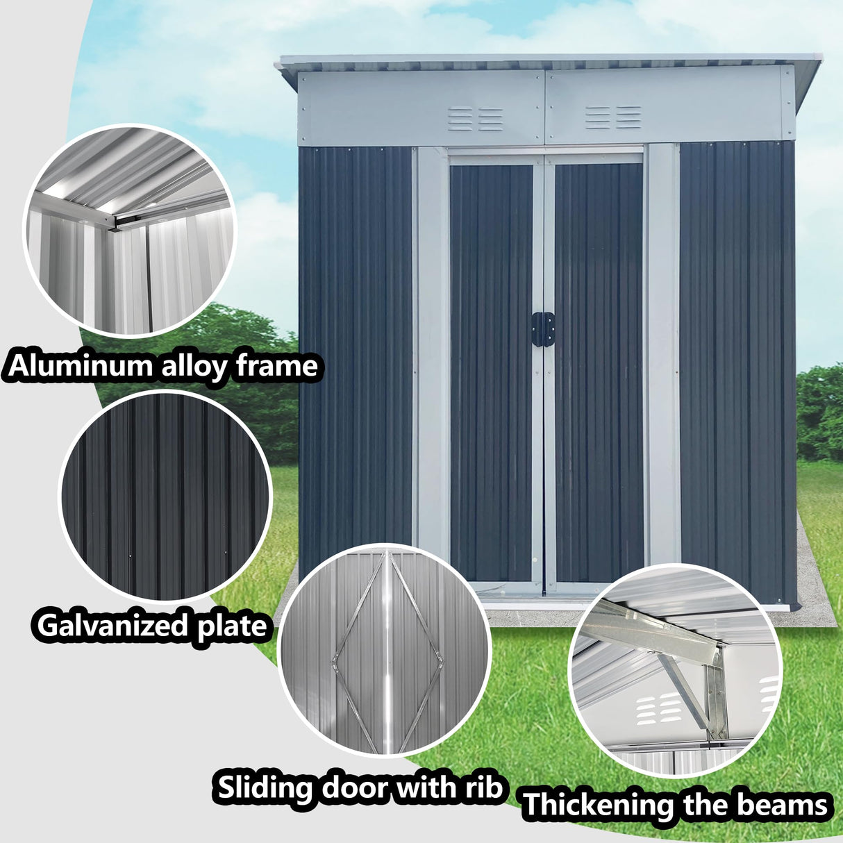 5 x 3 FT Outdoor Storage Shed, Metal Garden Shed with Aluminum Alloy Frame, Tool Shed Outdoor Storage with Lockable Sliding Doors & Vents, Small Storage House Waterproof for Backyard, Lawn, Gray ANTSKU