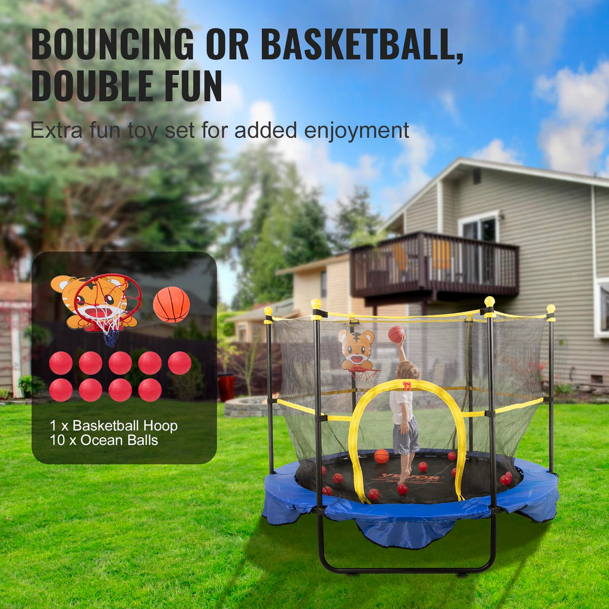 VEVOR 5FT Trampoline for Kids, 60" Indoor Outdoor Trampolines with Safety Enclosure Net, Basketball Hoop and Ocean Balls, Mini Toddler Recreational Birthday Gifts for 3+ Years Kids VEVOR
