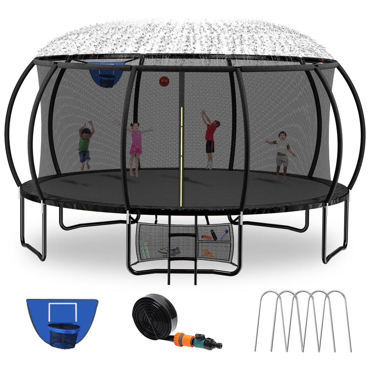 Kiivakii 16FT Trampoline, Outdoor Trampolines for Kids and Adults, Recreational Big Trampoline with Basketball Hoop, Heavy Duty Round Trampolines with Sprinkler for Backyard, ASTM Certified, Black Kiivakii