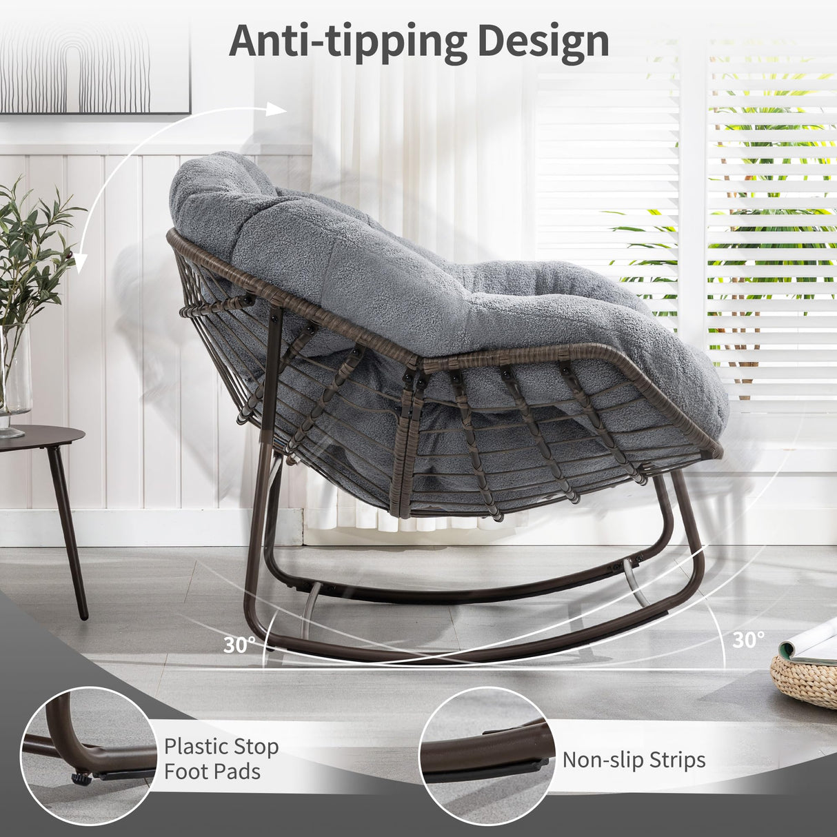 HOMEFUN Outdoor Patio Rocking Chairs, Oversized Papasan Rock Chair Indoor with Teddy Padded Cushion - Rocker Egg for Front Porch, Garden, Backyard Dark Gray HOMEFUN