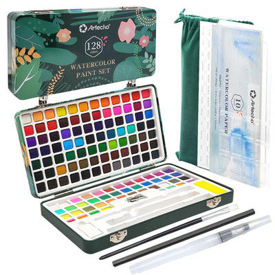 Artecho Watercolor Paint Set 128 Colors, Water Colors Paint Adult Set with Watercolor Papers and Brushes, Perfect Watercolor Kit for Beginners & Professionals