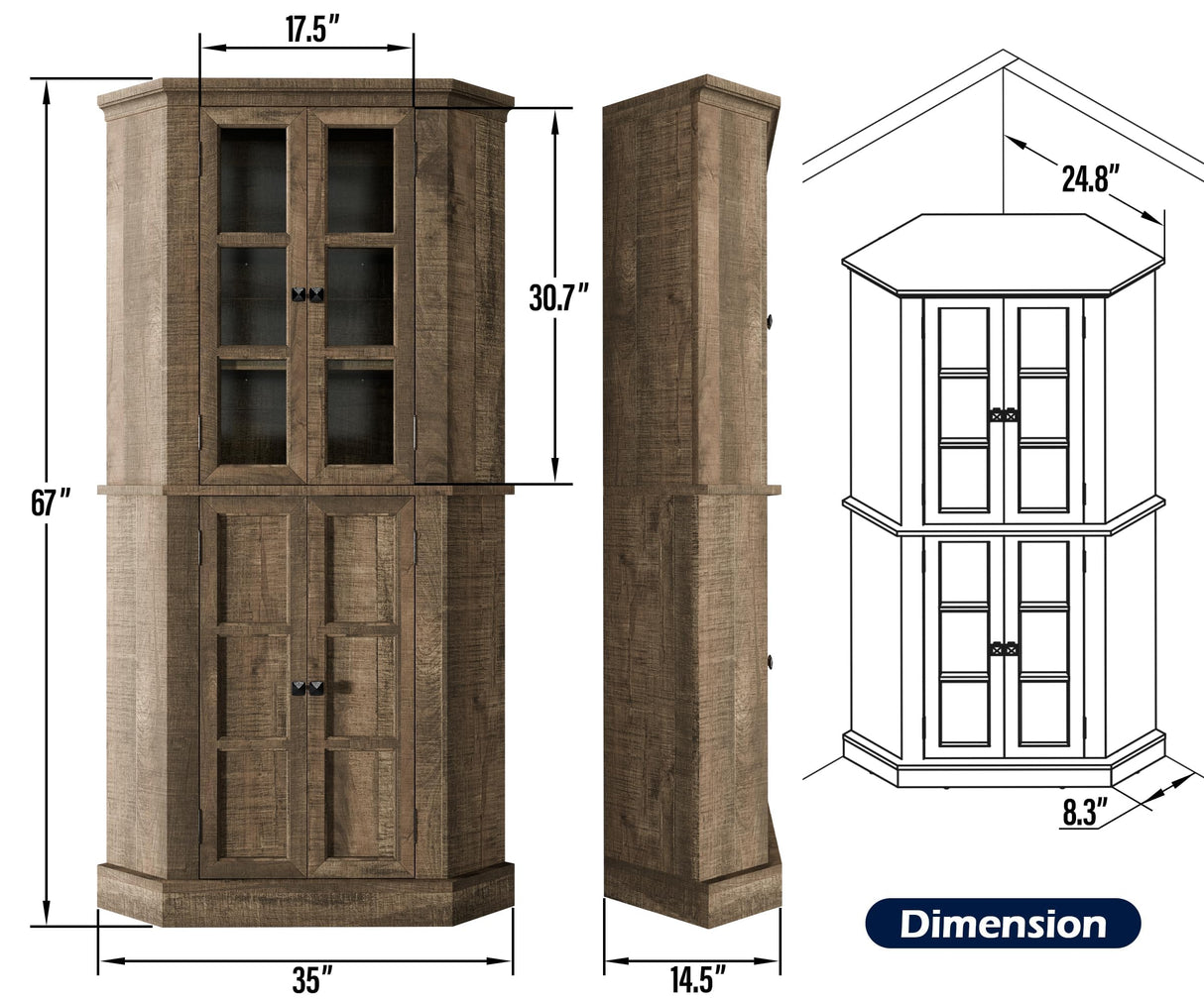 Betterhood Corner Storage Cabinet, 67" Kitchen Corner Cabinet with Glass Doors, Farmhouse Tall Corner Display Cabinet with Adjustable Shelves for Dining Room, Living Room, Rustic Brown Betterhood