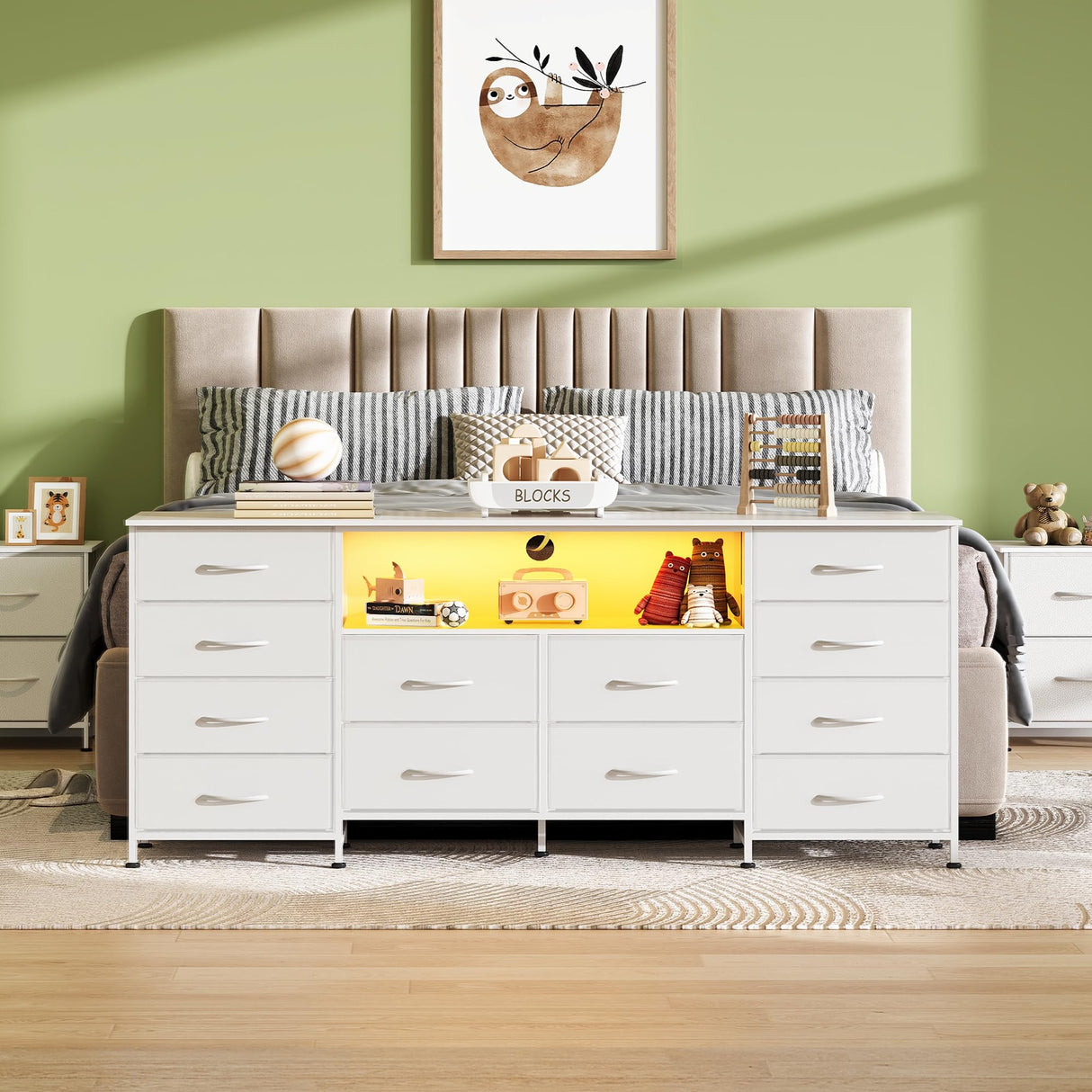 WLIVE White Dresser for Bedroom, Dresser TV Stand for 65, 70, 75 inch TV with Led Lights & Charging Station, Fabric Chest of Drawers with Open Shelves, 12 Drawer Dressers for Closet, Living Room WLIVE