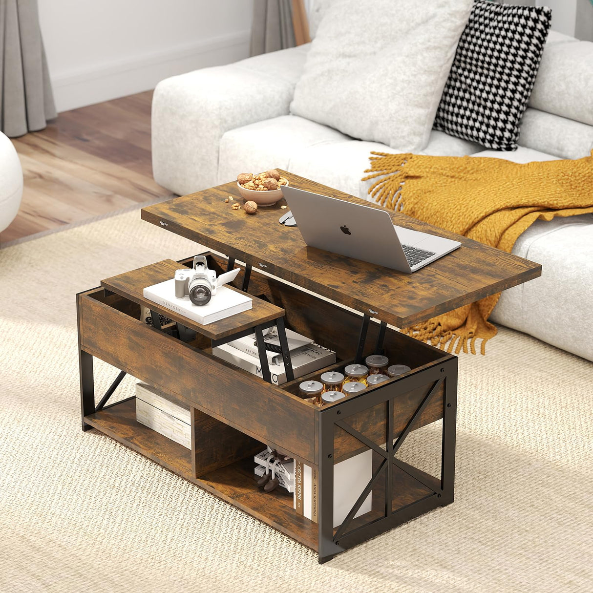 Manora Multi‑Functional Lift‑Top Coffee Table Convertible to Dining Table or Workstation for Living Room,Home Office, Compact Design with Hidden Storage, Brown Manora