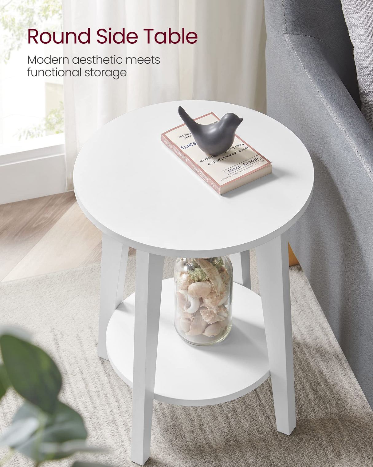 VASAGLE Side Table, Small Round End Table with Lower Shelf, Nightstand for Small Spaces, Living Room, Bedroom, White ULET283T14 VASAGLE