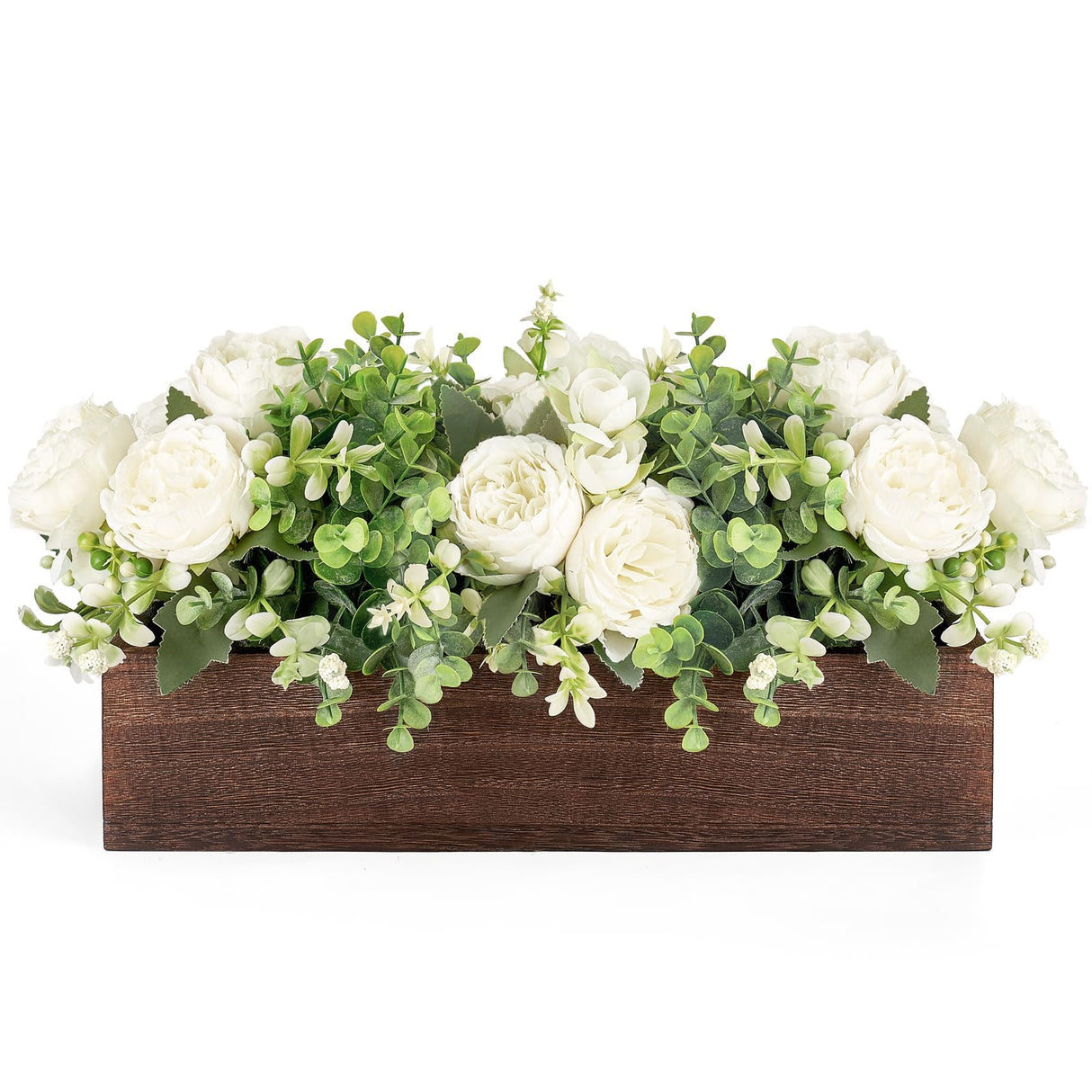 Dahey Centerpiece Table Decorations for Dining Room Farmhouse Living Room Table Centerpieces Decor Wood Tray with 3 Artificial Flowers and 2 Eucalyptus for Kitchen Table, 14.1" x 4.7" x 3.1", White Dahey