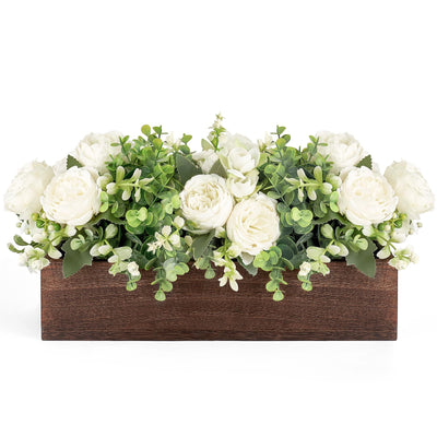 Dahey Centerpiece Table Decorations for Dining Room Farmhouse Living Room Table Centerpieces Decor Wood Tray with 3 Artificial Flowers and 2 Eucalyptus for Kitchen Table, 14.1" x 4.7" x 3.1", White