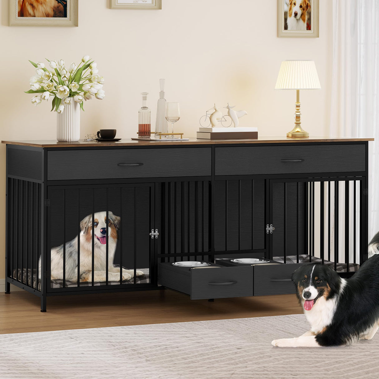 YITAHOME 74.8" Double Dog Crate Furniture with Dog Feeder, Heavy Duty Indoor Dog Kennel TV Stand with Drawers, Sturdy Dog Kennel with Divider for 2 Medium Large Dogs, Black YITAHOME