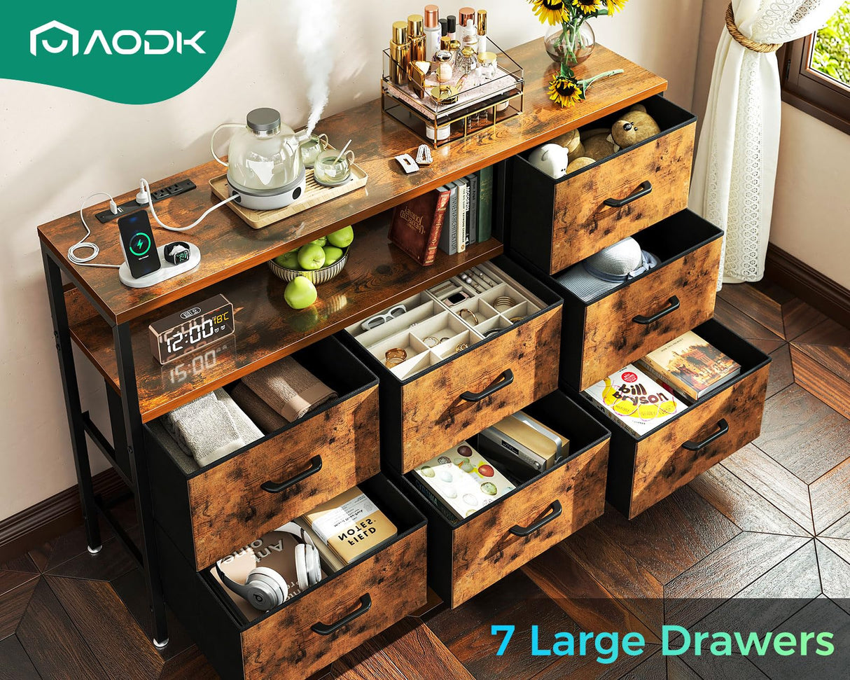 AODK Dresser with Charging Station, 52-Inch Long Dresser for Bedroom with 7 Large Fabric Drawers, Dresser TV Stand with Open Shelves for 55-Inch TV, Vintage and Vintage AODK