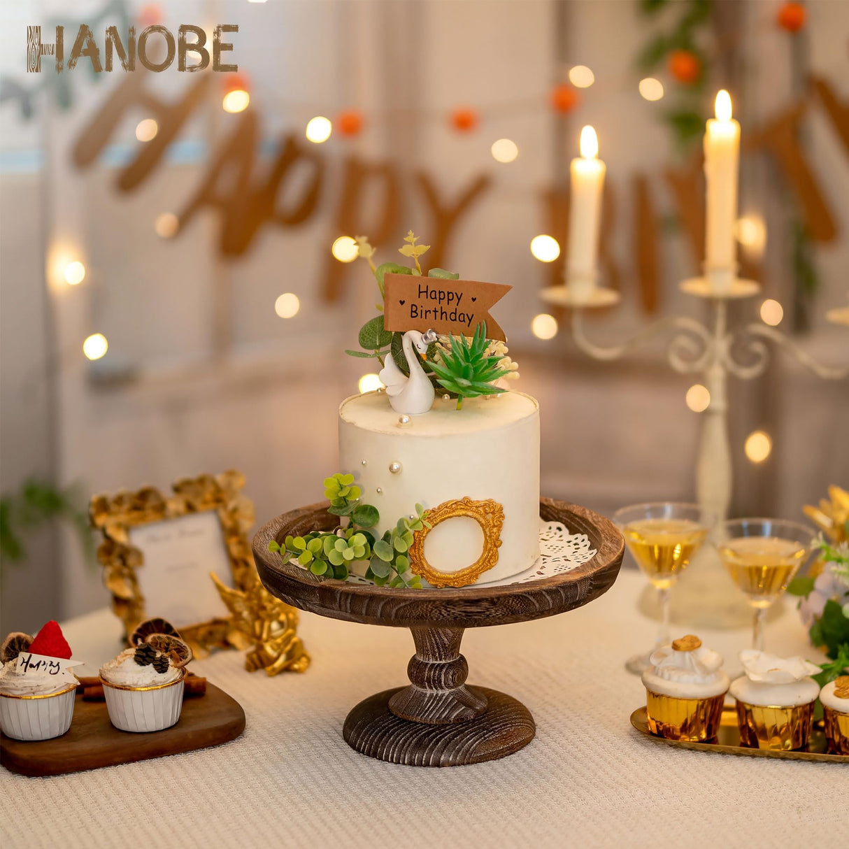 Hanobe Round Wood Display Riser: Rustic Wooden Risers Decorative Pedestal Plate Stand Small Cake Holder Tray for Wedding Birthday Decor Hanobe