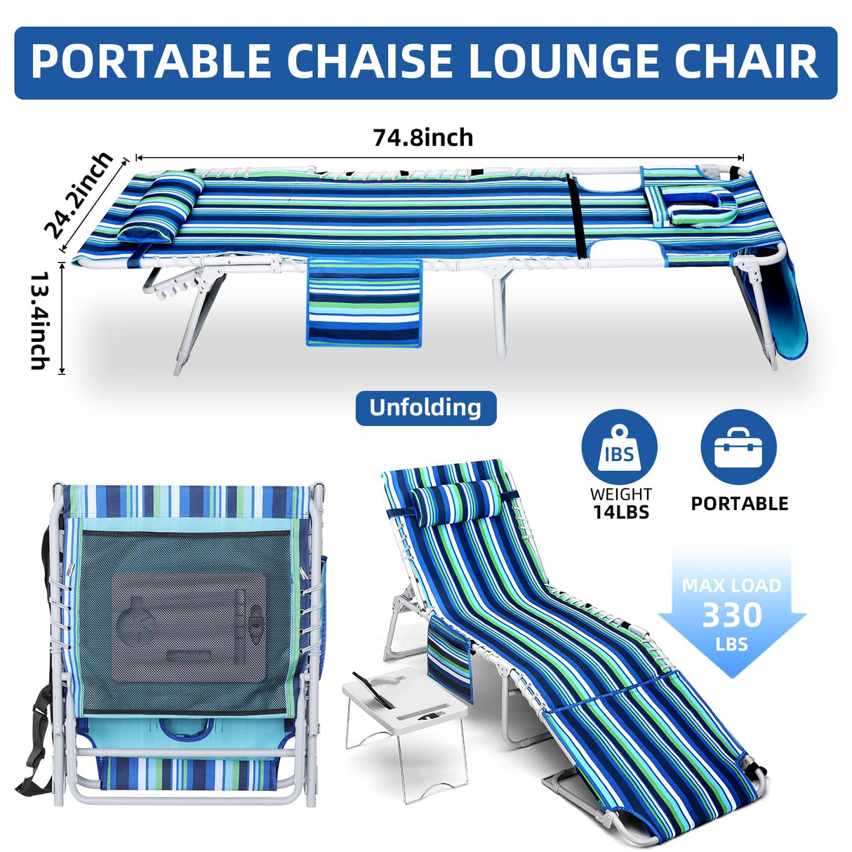 3-in-1 Beach Chair Face Holes, Lounge Chair Outdoor with Folding Side Table, 5-Position Recliner, Lay Flat, Removable Pillow, Heavy Duty, Max 330lbs, Poolside, Patio, Camping, Backyard Striped Blue Yestomo