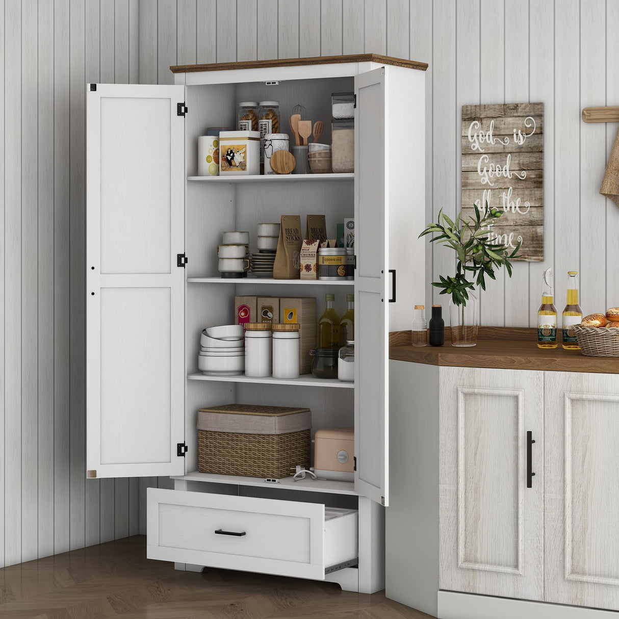 HOMCOM 69" Tall Kitchen Pantry Storage Cabinet, Farmhouse Freestanding Pantry Cabinet with 2 Doors, Drawer and Adjustable Shelves, Cupboard for Dining Room, White HOMCOM