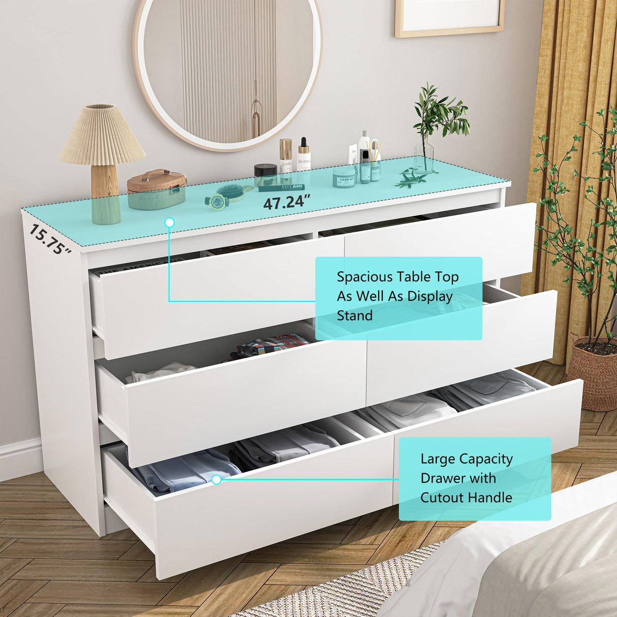Vibe & Dine White Dresser 6 Drawer, Modern Double Dresser for Bedroom, Wood Chest of Drawers with Wide Storage for Living Room Vibe & Dine