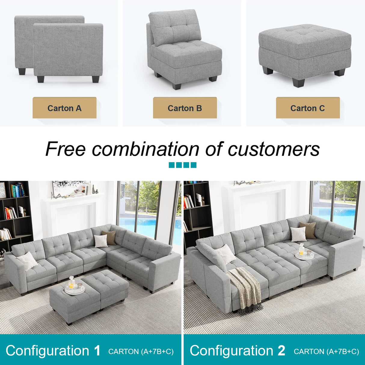 Belffin Modular Sectional Sofa with Storage Ottoman Oversized U Shaped Sofa Set Modular Sofa with Reversible Chaises Modern Fabric Light Grey Belffin