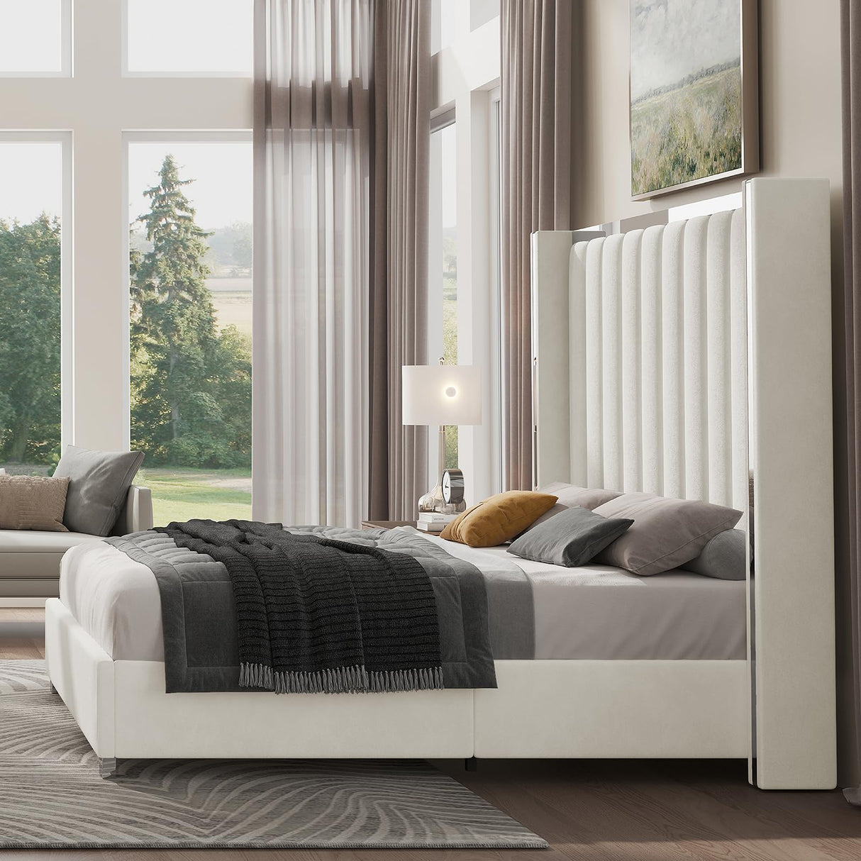 Jocisland Queen Size Bed Frame with 58" Tall Headboard, Platform Velvet Upholstered Bed with Channel Tufted Wingback Headboard and Plating Trim, No Box Spring Needed, White Cream Jocisland