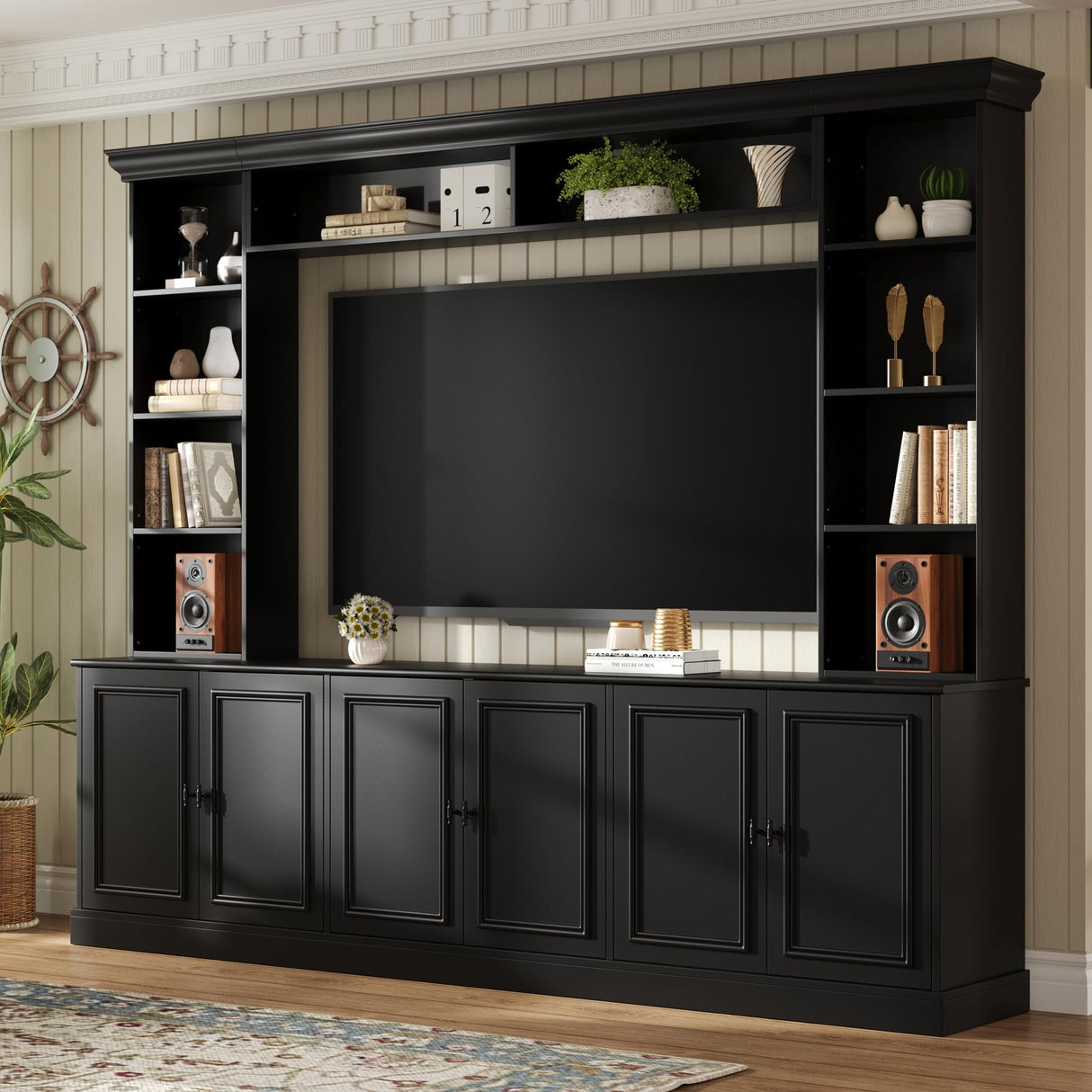 97.4"W Elegant 4-Piece Wall Unit Entertainment Center with Bookshelf for TVs Up to 70", Versatile TV Stand with Adjustable Shelf and Bridge, Mid-Century Media Console for Living Room (Black/TV) Hlcodca