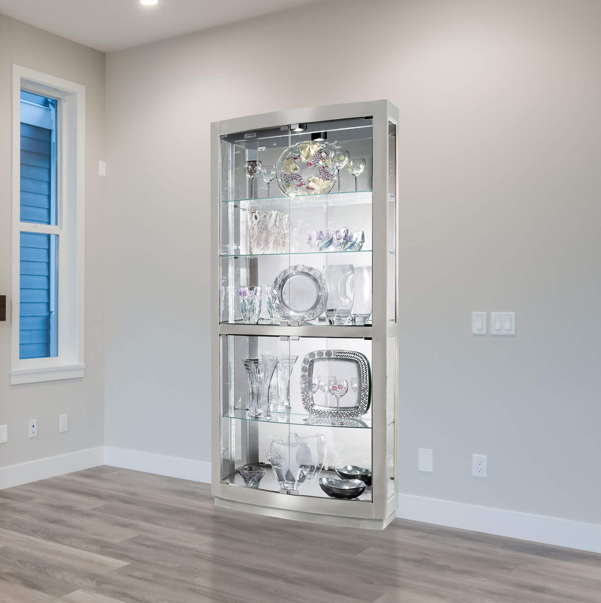 Howard Miller Bradington II Curio Cabinet II, Illuminate Storage Cabinets - Metal Pad Lock with Halogen Lights - Silver Finishing Best for Decorative Items, Living Room, Office & Home Decor Howard Miller