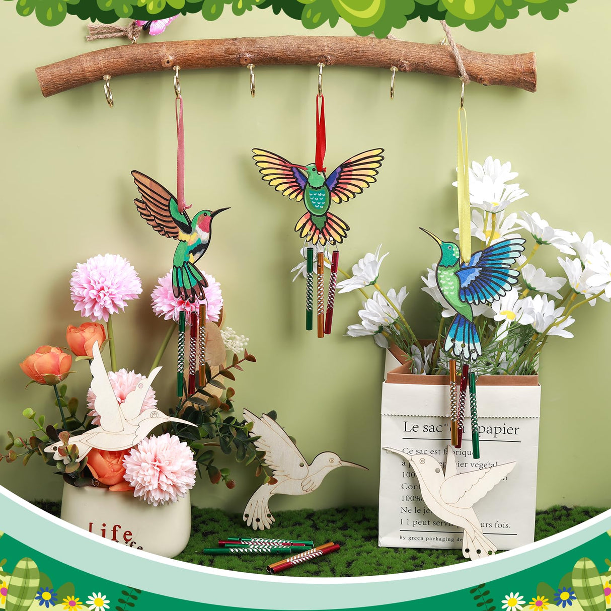6 Pack Hummingbird Wind Chime Kit for Kids to Paint Make You Own Spring Wind Chimes Wooden Art Arts and Crafts Bird Ornaments Spring Smmer Party Decoration for Kids and Adults BAPHILE