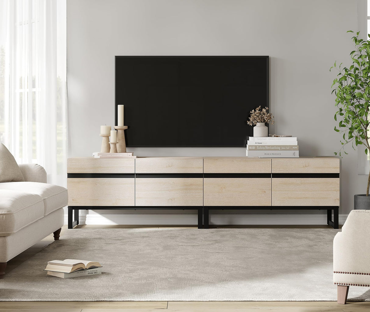 WAMPAT Modern TV Stand with Storage Cabinets for 75 Inch TV, Wood TV Entertainment Center TV Media Console Table with Metal Leg for Living Room,Light Oak WAMPAT