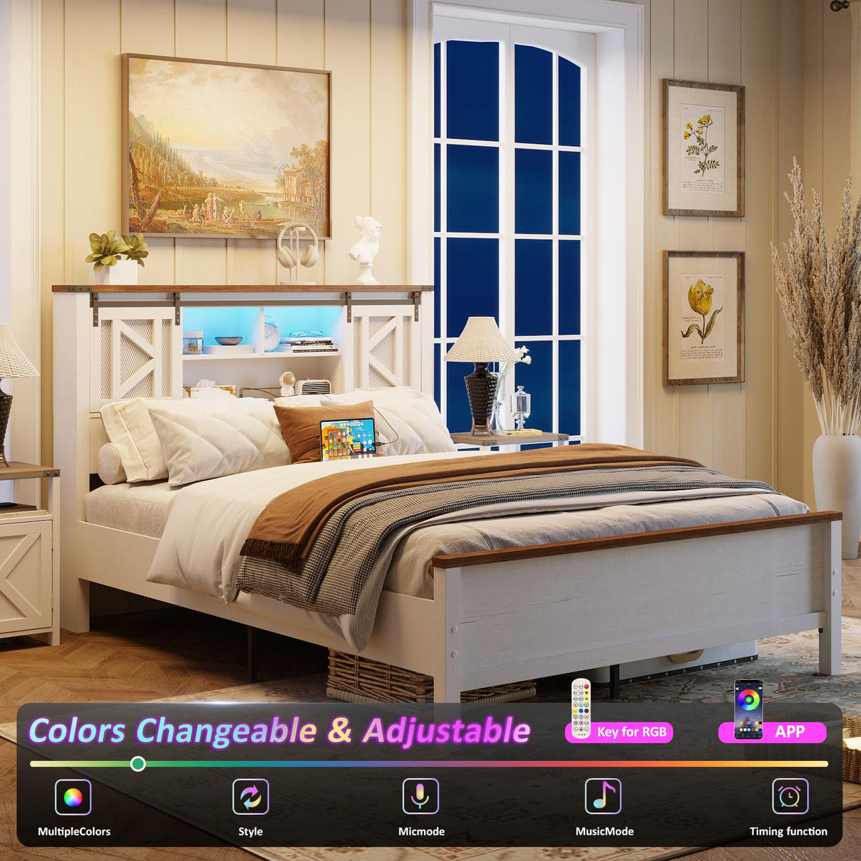 Fameill Farmhouse Queen Size Bed Frame with Storage Headboard, Sliding Barn Door Design, 2-Tier Shelves Storage Bookcase, Charging Ports & USB Outlets, LED Light, No Box Spring Needed, Easy Assembly Fameill