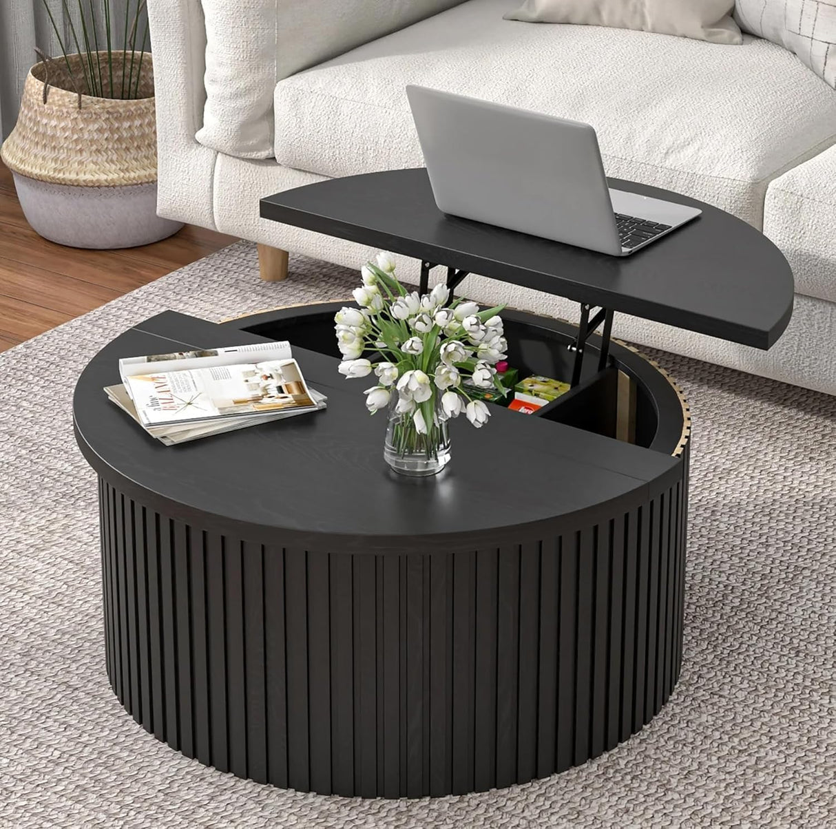 Fsbecl Round Fluted Lift Top Coffee Table with Storage, 34.6'' Farmhouse Round Coffee Tables for Living Room, Circle Wood Accent Center Table for Home, Office (Black) Fsbecl