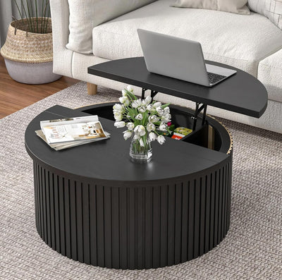 Fsbecl Round Fluted Lift Top Coffee Table with Storage, 34.6'' Farmhouse Round Coffee Tables for Living Room, Circle Wood Accent Center Table for Home, Office (Black)