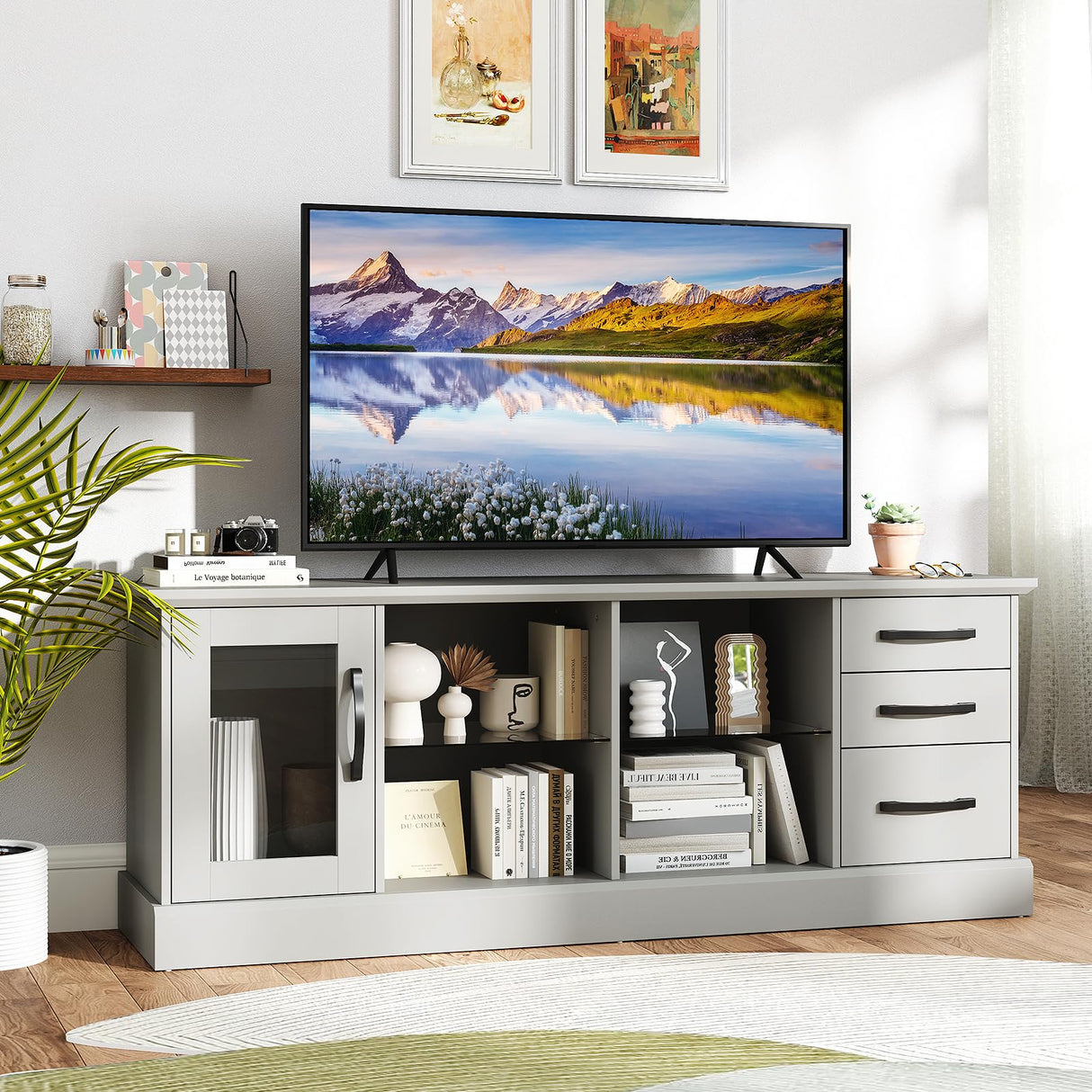 Tangkula Farmhouse TV Stand for 75 Inch TVs, 63” Media Console Table with 3 Drawers, 2 Glass Shelves & Cable Holes, Modern Wooden Entertainment Center for Living Room, Bedroom (Gray) Tangkula