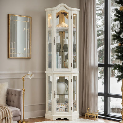 CKEASEAN Corner Curio Cabinet, 70.5" H Lighted Glass Display Case with 5 Adjustable Tempered Glass Shelves, Light Bulb Included, Wine Cabinet Rack for Bar and Liquor Storage (White)