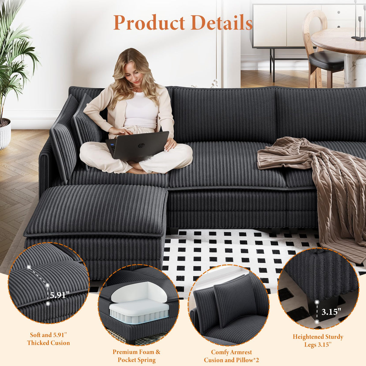 Vesgantti 109" U Shaped Cloud Sectional Sofa, Comfy Corduroy Upholstered Sectional Modular Sofas for Living Room, Modern Modular Couch with 2 Ottoman Deep Seat, Dark Grey Vesgantti