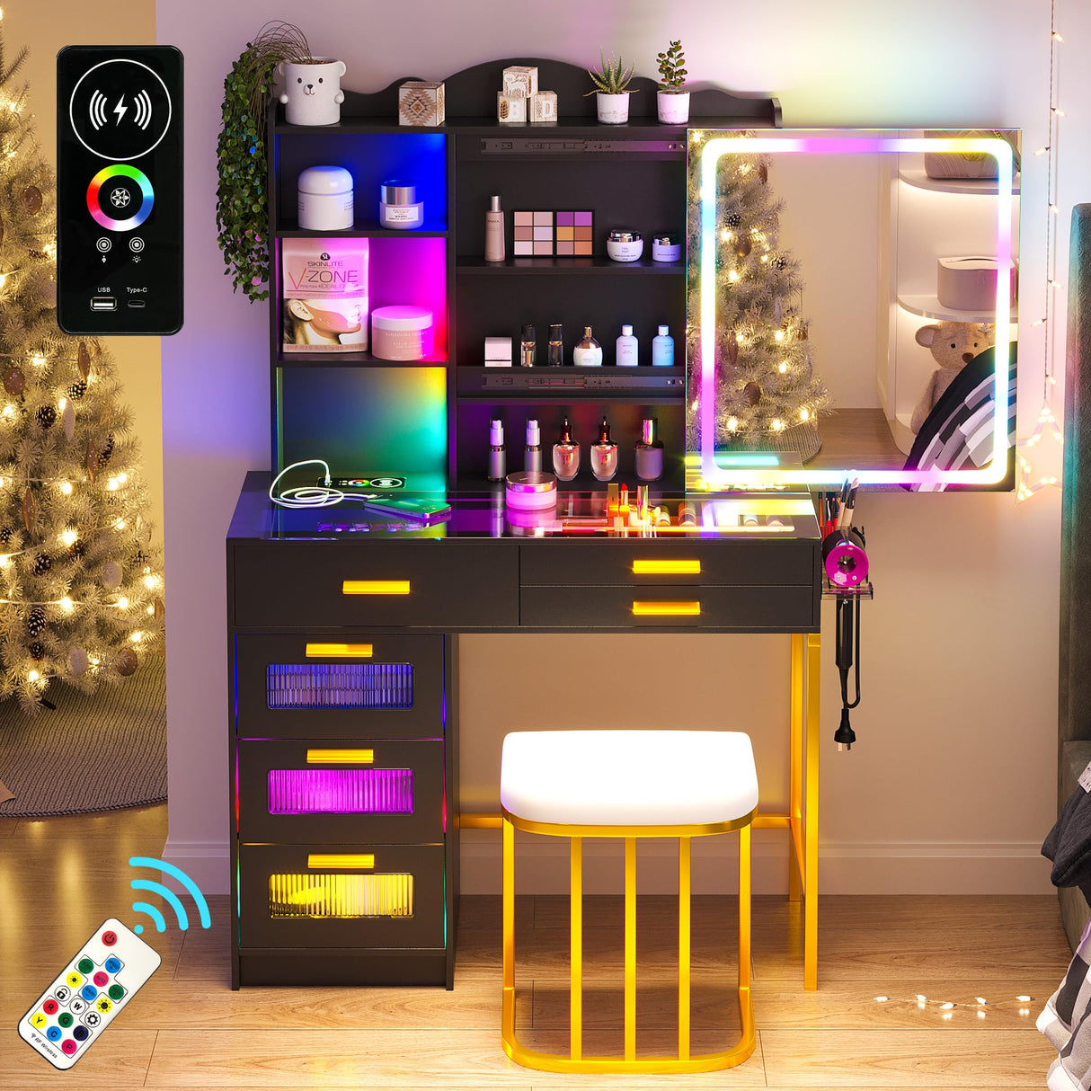 WOOVIVS RGB Vanity Desk with Sliding Mirror and Lights, LED Makeup Vanity with Charging Station/Motion Sensor Light, Glass Top Vanities Dressing Table Set with Jewelry Box,6 Drawers,Stool (Black) WOOVIVS