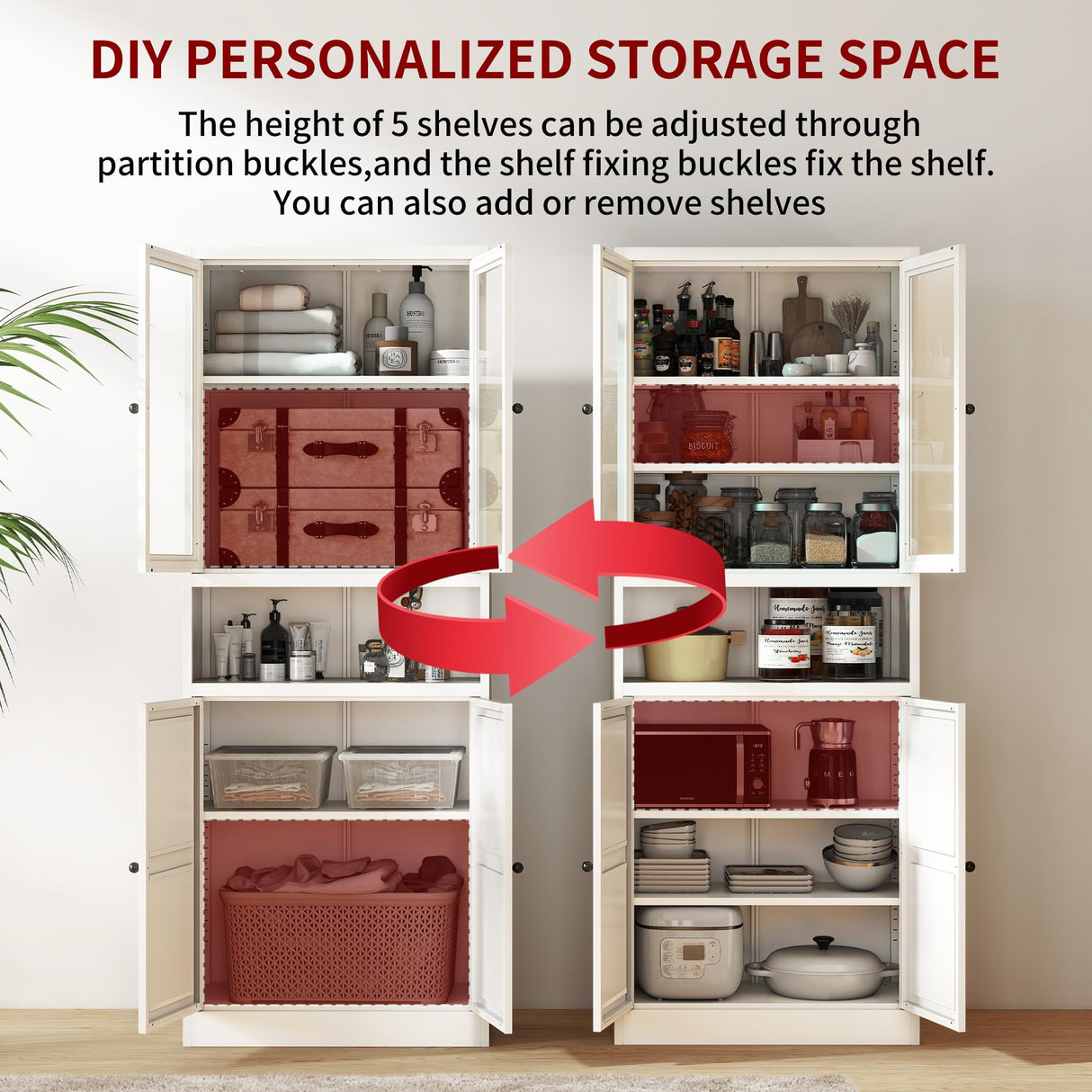 AQY Kitchen Pantry Cabinet,72" White Pantry Storage Cabinet with Adjustable Shelves and Glass Doors,Freestanding Cupboard,Metal Pantry Cabinets with Handle for Living Room Kitchen Assembly Required AQY