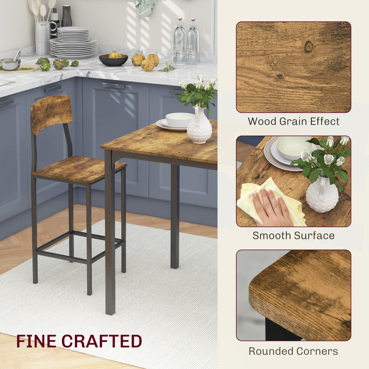 HOMCOM Industrial 3-Piece Counter Height Bar Table Set with Stools in Rustic Brown and Black HOMCOM