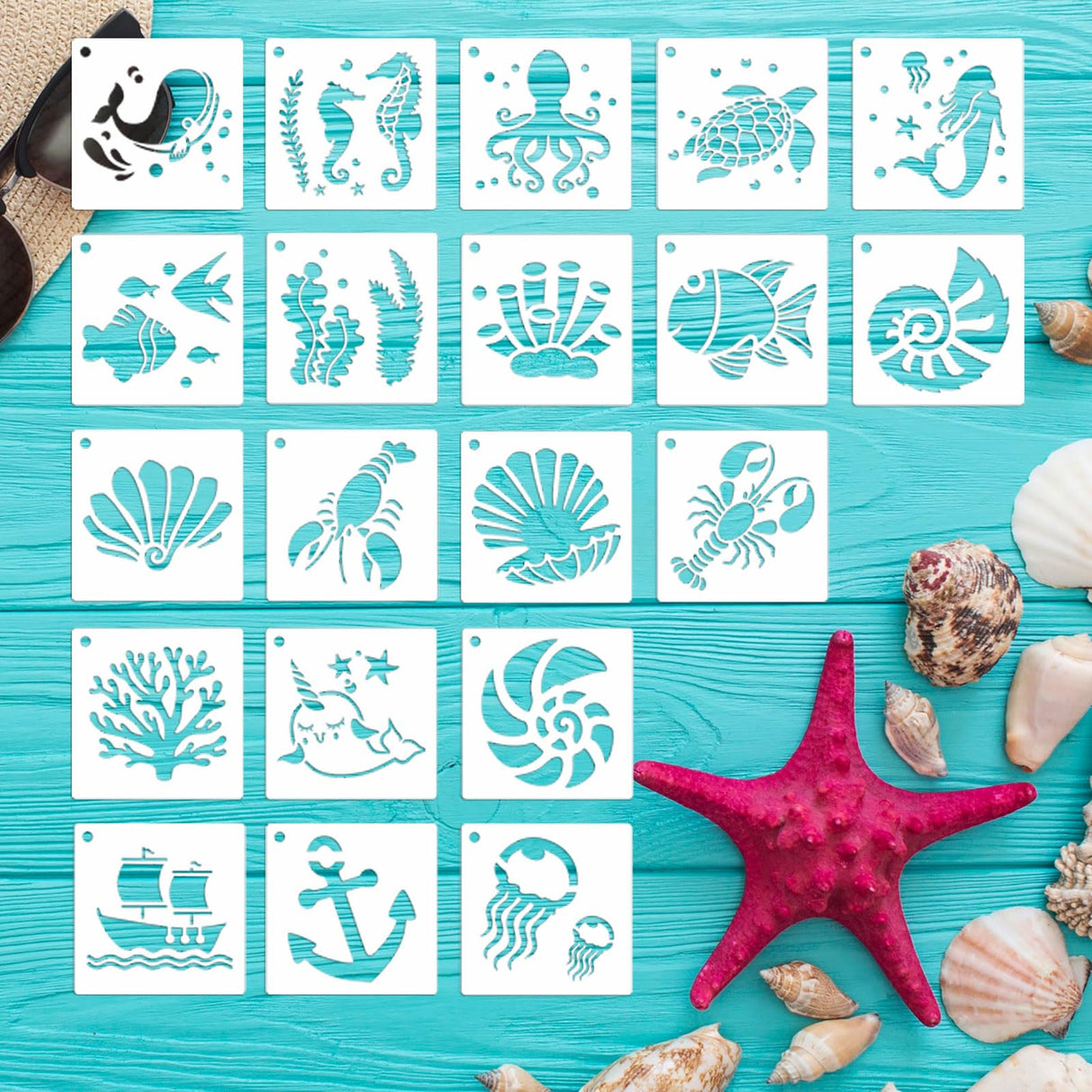 Summer Stencils for Painting, 20PCS 3 Inch Plastic Beach Stencils for Crafts Reusable, Small Stencils for Painting on Wood Canvas Rock, Funny Sea Life Stencils for Home Decor & DIY Projects Felixcraft