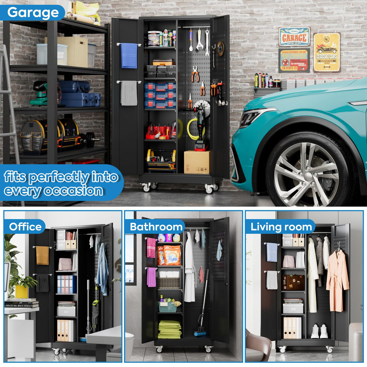 GangMei Garage Storage Cabinet with Wheels and 5 Pegboard, Broom Closet Storage Cabinet with Hanging Rod and 13 Hooks, Metal Cabinets with 4 Shelves for Garage, Home, 71"H x 31.5"W x 15.75"D, Black GangMei