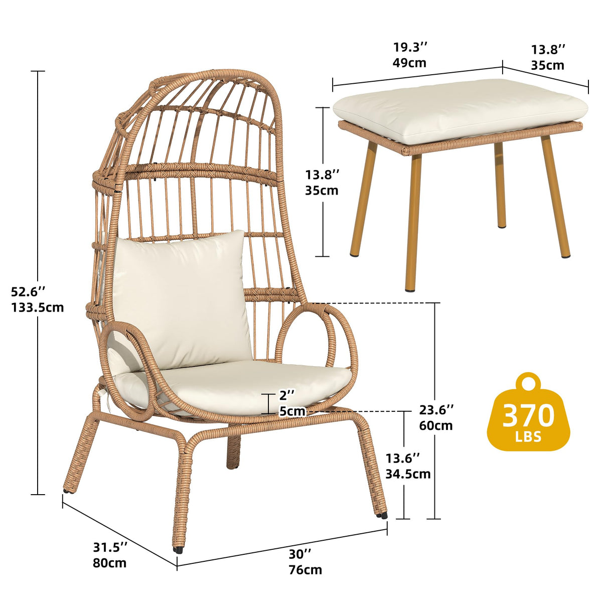 DWVO Egg Chair with Ottoman Outdoor, 370lbs Capacity Wicker Patio Glider Basket Chair with Footrest, All-Weather Small Egg Lounger Chair for Indoor Outside, Beige DWVO
