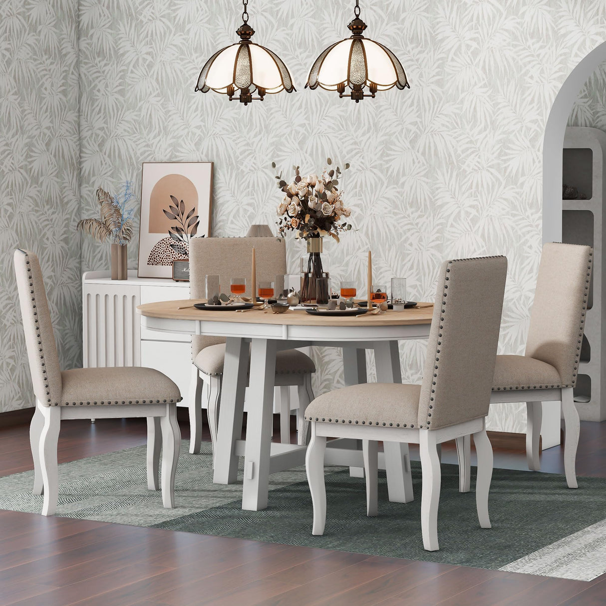 DESIGNER97 5-Piece Farmhouse Dining Table Set, Wood Round Extendable Oval Dining Table and 4 Upholstered Dining Chairs for Dining Room Kitchen Oak+Antique White DESIGNER97