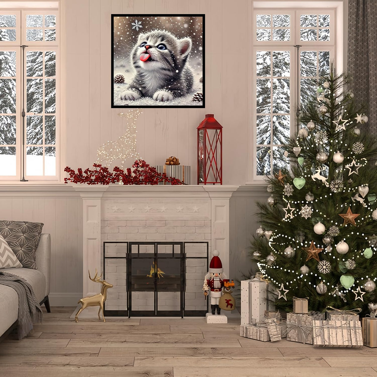 CHWGLFGG 5D Diamond Art Kits for Adults Beginners, Cat Diamond Painting Kits, DIY Full Round Drill Winter Snowy Paint by Diamonds Dot Gem Art for Adults, Home Wall Decor 13.7X 13.7 Inch CHWGLFGG