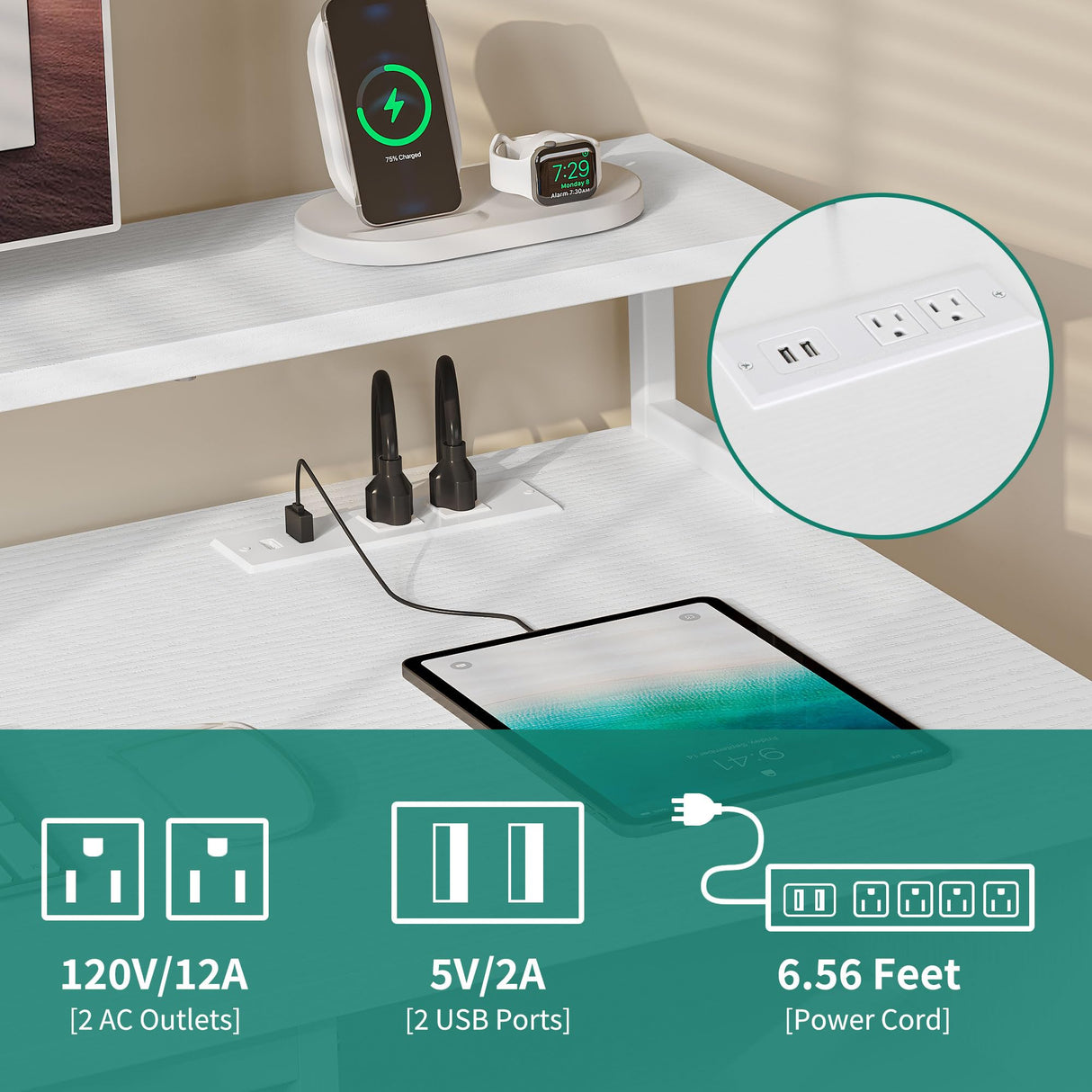 YITAHOME Computer Desk with Drawers, 47.2" Office Desk with Power Outlets & LED Light, Home Office Desk with Storage Shelves, White YITAHOME